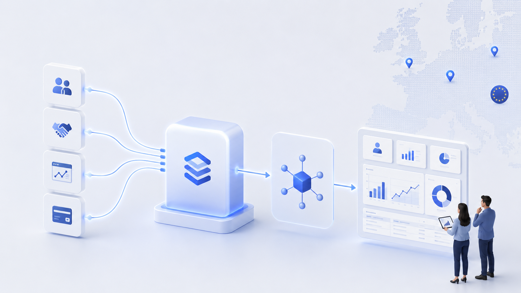 Untangling analytics diagram — source systems flowing into a new data platform with dashboards